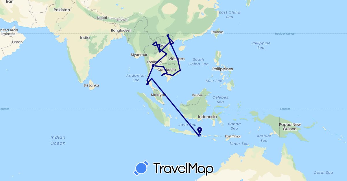 TravelMap itinerary: driving in Indonesia, Cambodia, Laos, Thailand, Vietnam (Asia)
